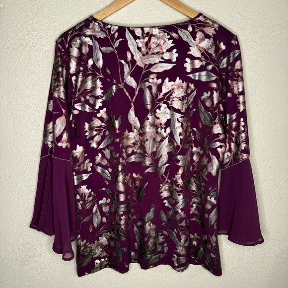 JM Collection Purple Blouse Floral Metallic Trim Sheer Sleeve Women’s Sz Large - Picture 5 of 13